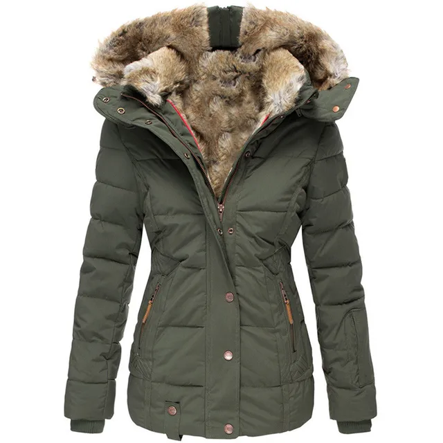 1 Pcs Women's Warm Fur Collar Cotton Down Jacket Zipper Long Sleeved Slim Fitting Hooded Cotton Jacket Outdoor Winter Warm Coat 1