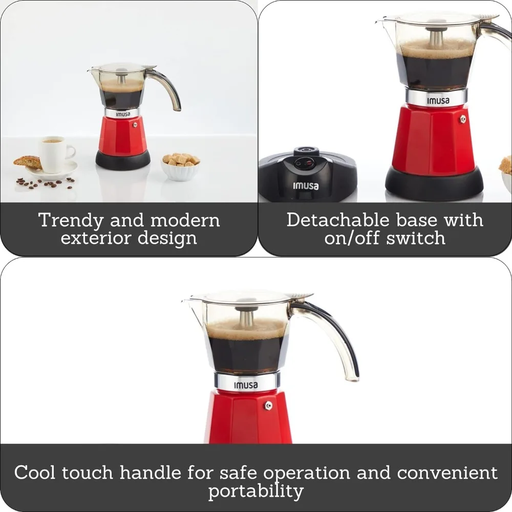 IMUSA 3-6 Cup Electric Espresso Maker with Detachable Base, Red