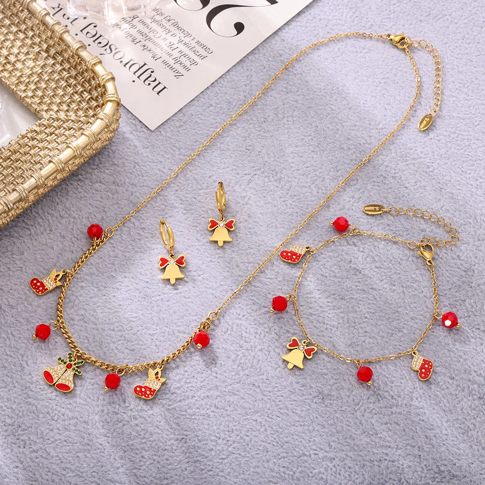Exquisites Weihnachtsglocken-Schmuckset für Damen: Halskette, Ohrringe, Armbänder aus Edelstahl mit Kubanischer Kette und Rotem Achat – Detail 9