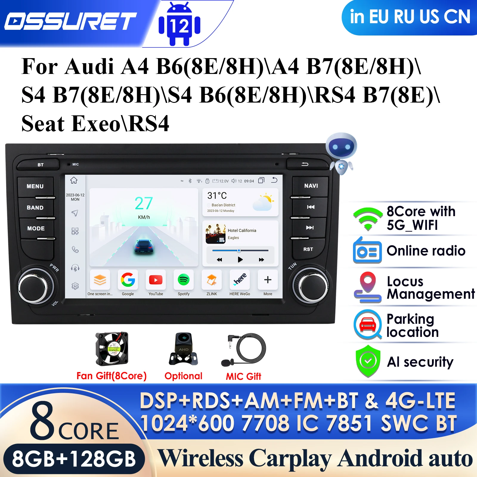 

Plus Pro AI Voice 7'' Android Auto Radio for Audi A4 B6 2000-2009 Carplay Car Multimedia RDS GPS 2din Autoradio Stereo Audio DSP