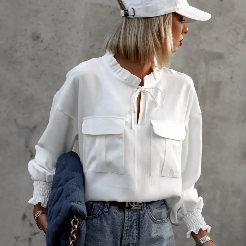 

Blusas Mujer De Moda Casual Shirt 2023 Spring Loose Vintage Tops Women Korean Long Sleeve Blouse with Pockets Elegant