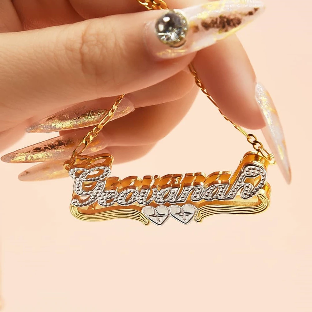 Custom 3D Name Necklace Personalized Two Color Nameplate Pendant Necklace Figaro Chain Heart Choker Jewelry for Women Men