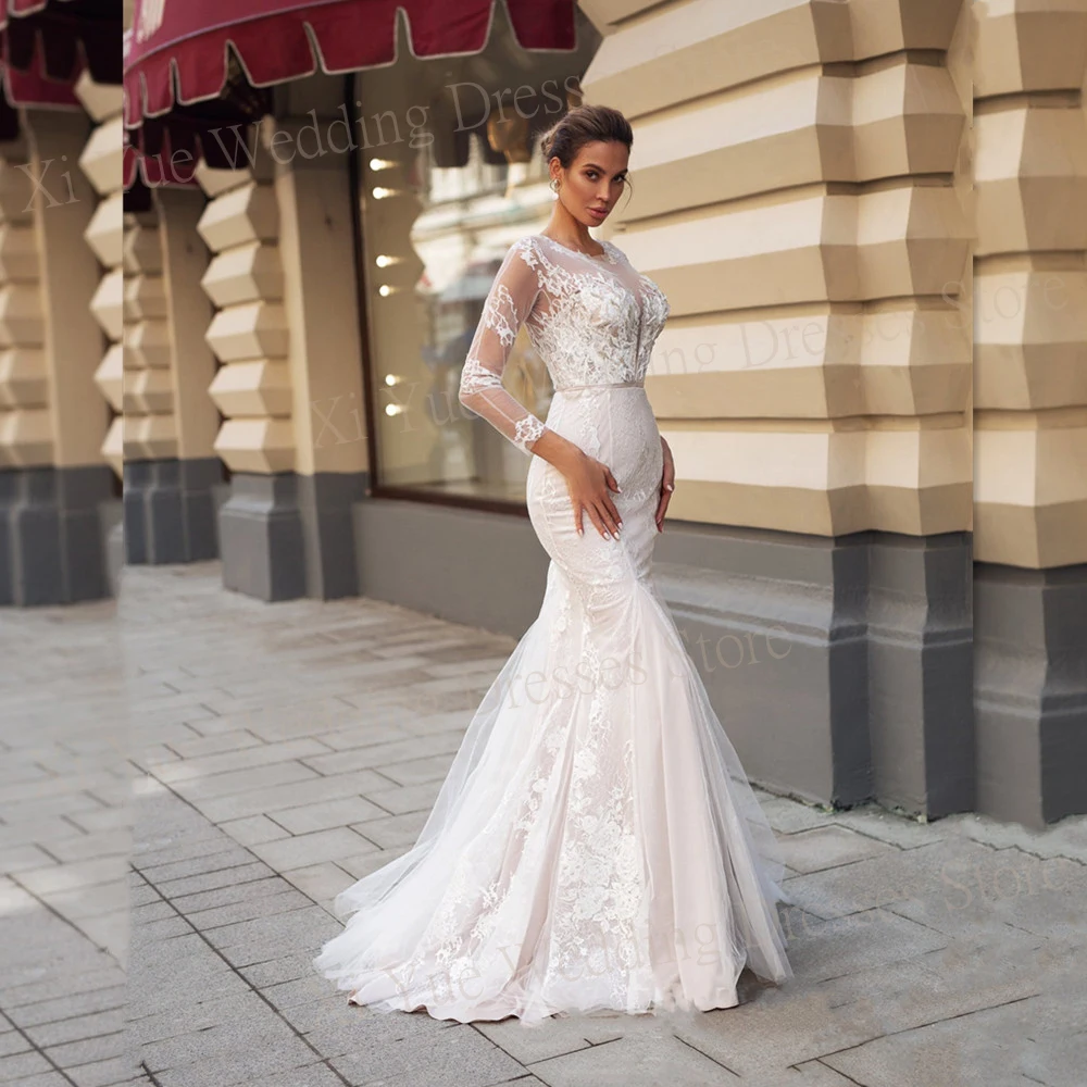 

Женское свадебное платье с юбкой-годе, сдержанное кружевное платье из тюля с аппликацией на пуговицах, платье невесты с длинным рукавом