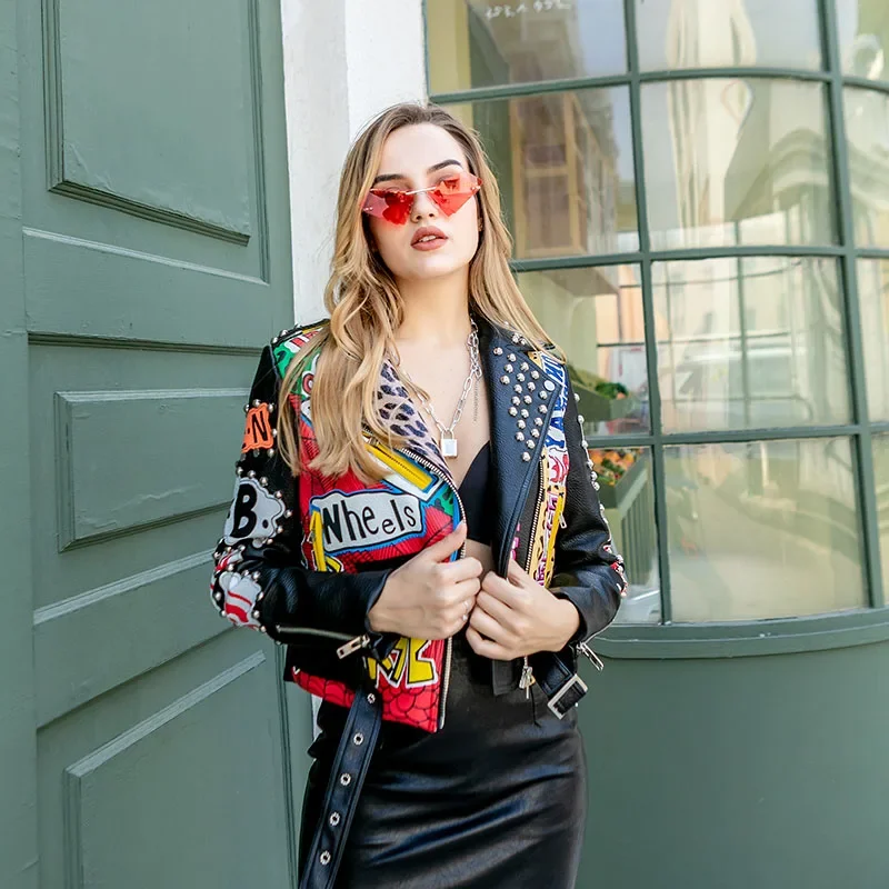 Motorcycle Cropped Leather Jacket Women 2024 Trend Punk Style Streetwear Graffiti Print Contrast Faux Leather Studded Jacket