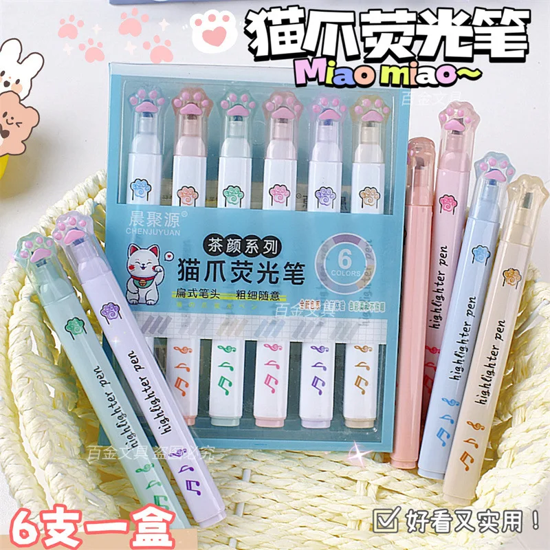 

6 Pcs/Set Cute Cat Paw Highlighter Soft Oblique Nib Fluorescent Pen Drawing Art Marker Pens Kawaii Stationery School Supplies