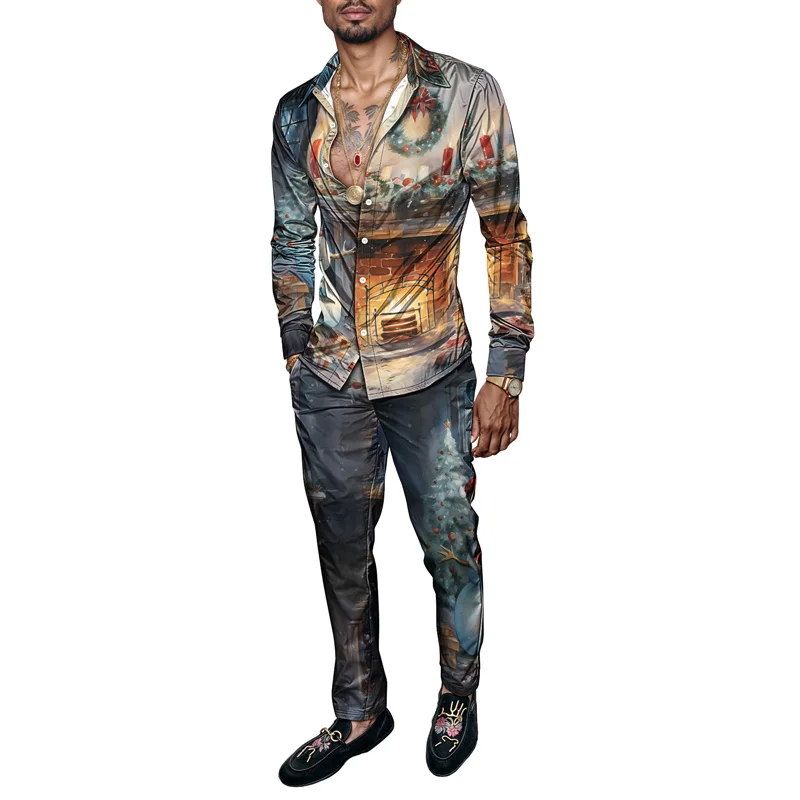 2025 Fashionable Spring Summer Men Shirt Set Christmas Print Fashion Gingerbread Man Two Piece Set Mens Snowman Lightweight_voghion.com