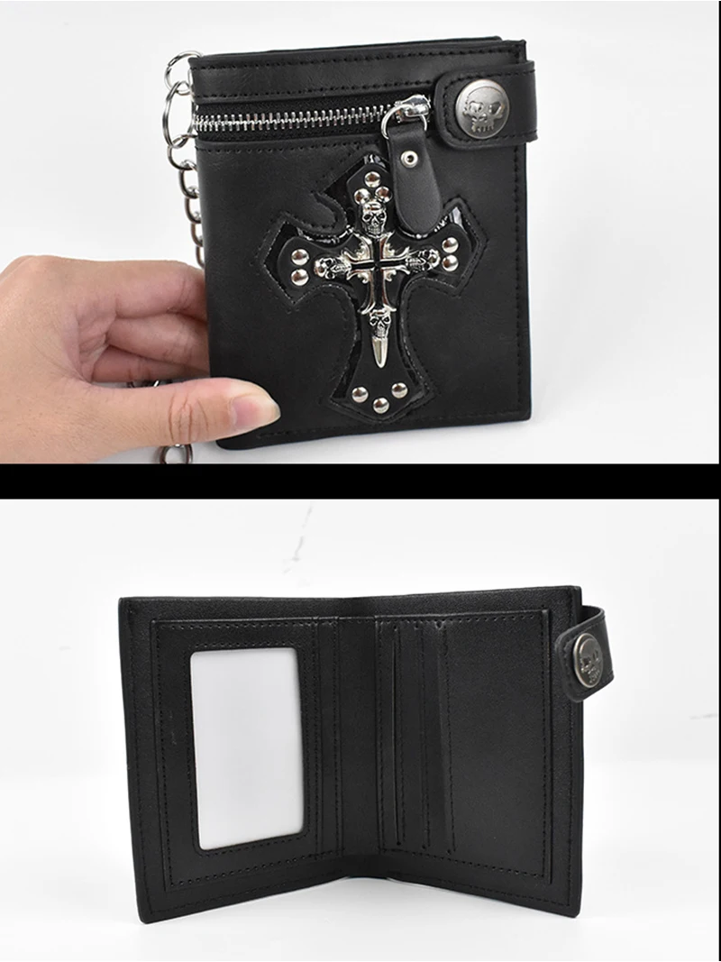 Punk-Stil, neu, 2025, Retro-Stil, Herren-Geldbörse mit Totenkopf-Kreuz, Clutch-Tasche, Kette, Nieten, Karten-Geldbörsen, Vintage-Rocker, multifunktionale Mini-Geldbörse – Detail 6