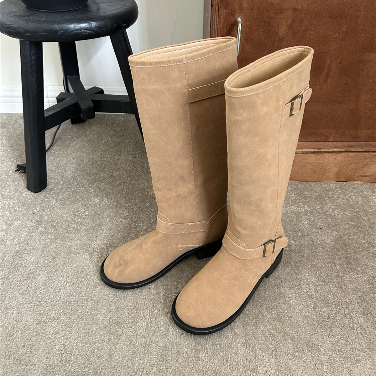 

Shoes Round Toe Boots Sexy Thigh High Heels High Sexy Boots-Women Rubber Med Over-the-Knee Ladies Leather 2023 Microfiber Lace-