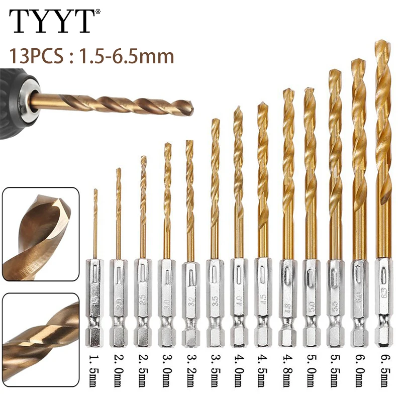 13PCS 1.5-6.5mm Hex Shank Bit Set for Drilling Wood, Steel, Metal, Plastic High Quality HSS Titanium Impact Drill Bits Tools