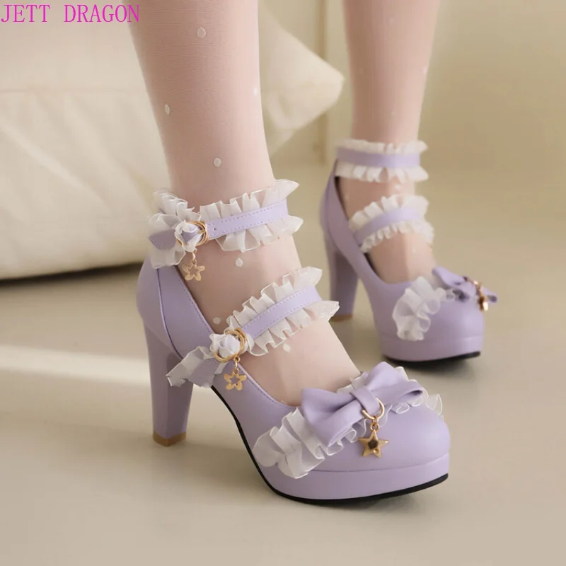 

Pumps Women's Shoes Spring and Autumn New Style Fashion Shallow Mouth Butterfly-knot Sweet Lolita Lace Party Plus Size 45