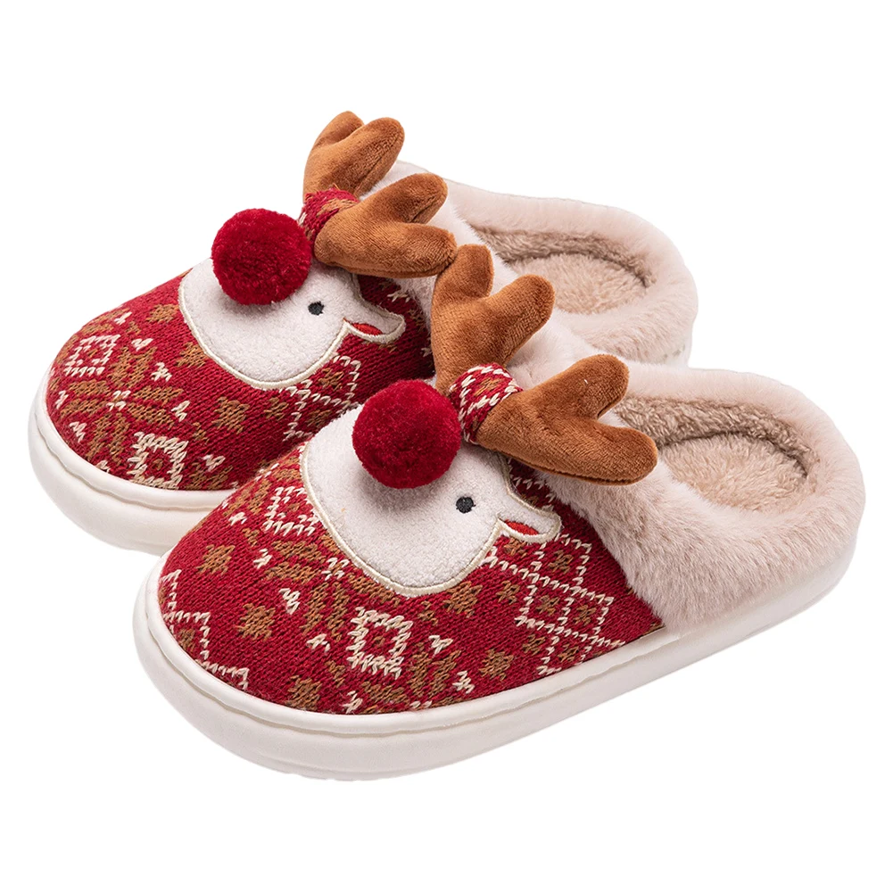 Plush Slippers Christmas Elk Fluffy Home Comfortable Furry Reindeer Anti Slip Cartoon