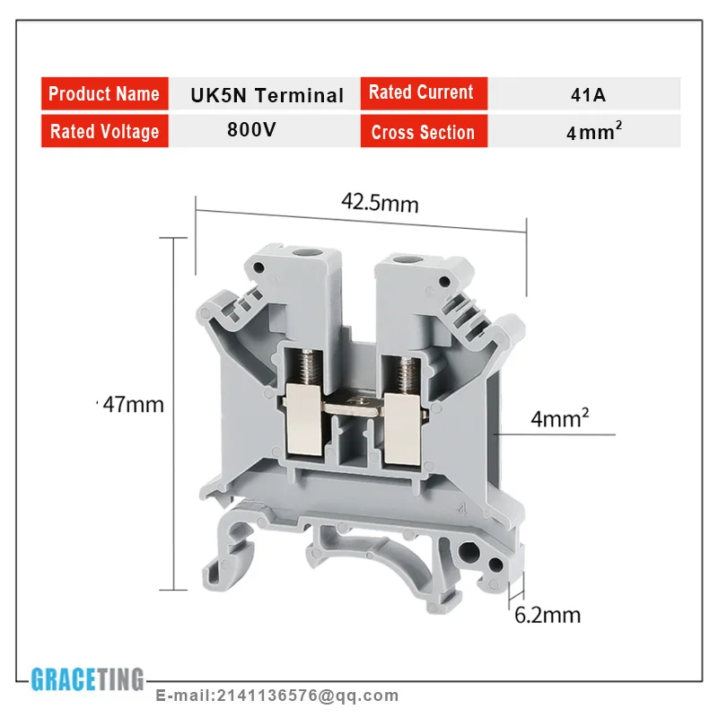 Description Picture 5 of item1 Box UK2.5B/3N/5N/6N/10N Terminal Block Screw Clamp Connector DIN Rail Universal Brass Wiring Voltage Terminal