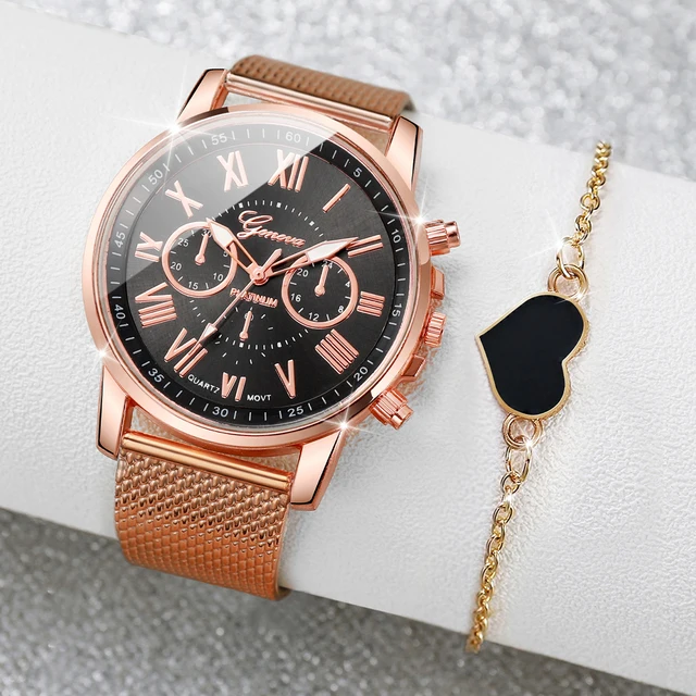Relógio de quartzo com pulseira de coração feminino, pulseira plástica casual feminina, moda genebra, 2 pçs/set 5