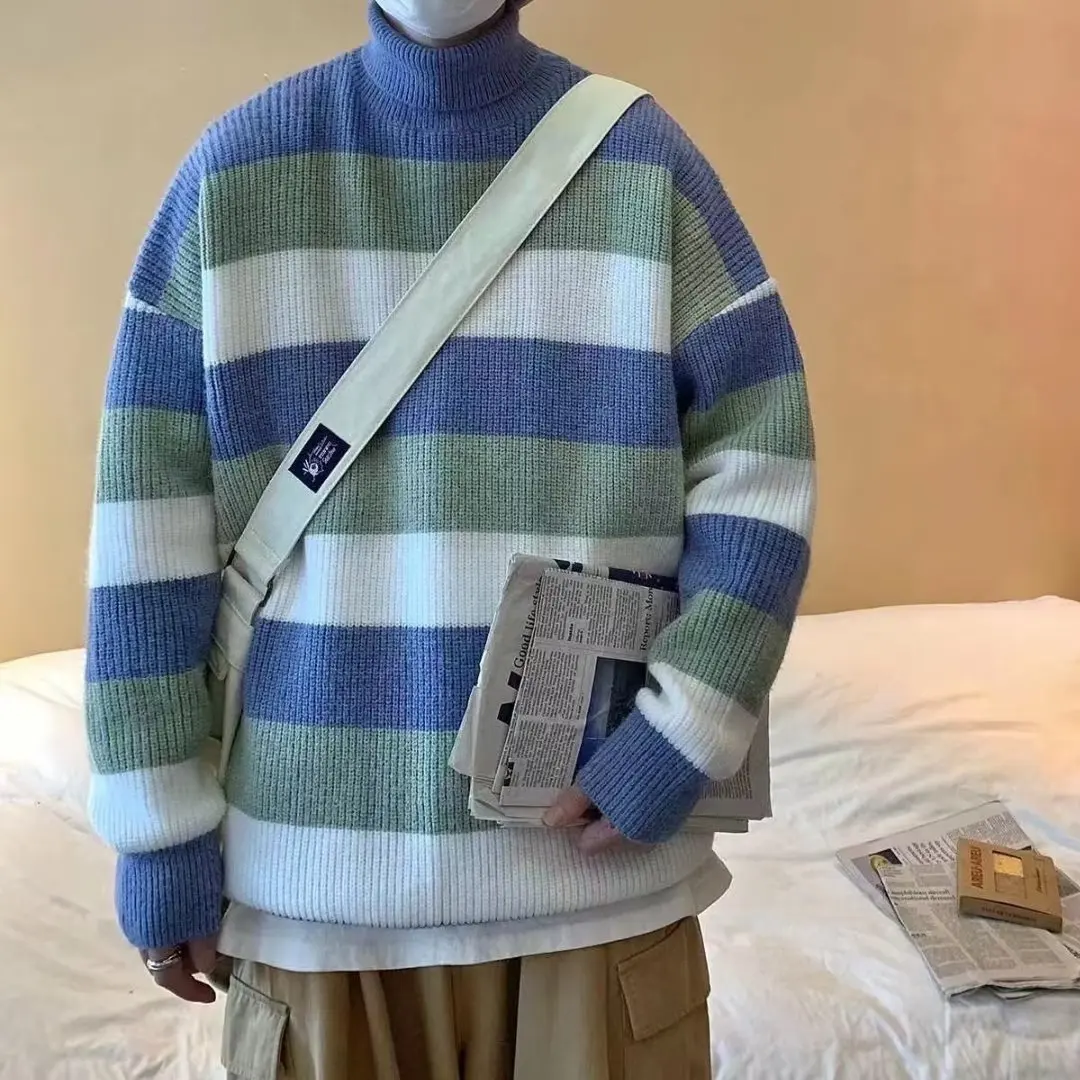 

Striped Turtleneck Long Sleeve Vintage Sweater For Men Autumn And Winter Lazy Casual Versatile Knitwear Trend Harajuku Pullovers
