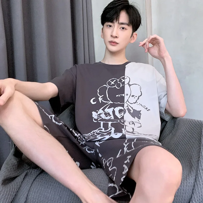 Pure Cotton Fabric Summer Pajamas Men Crew Neck Casual Short Sleeve Shorts Loose Cartoon Bear 2 Piece Set Sleepwear
