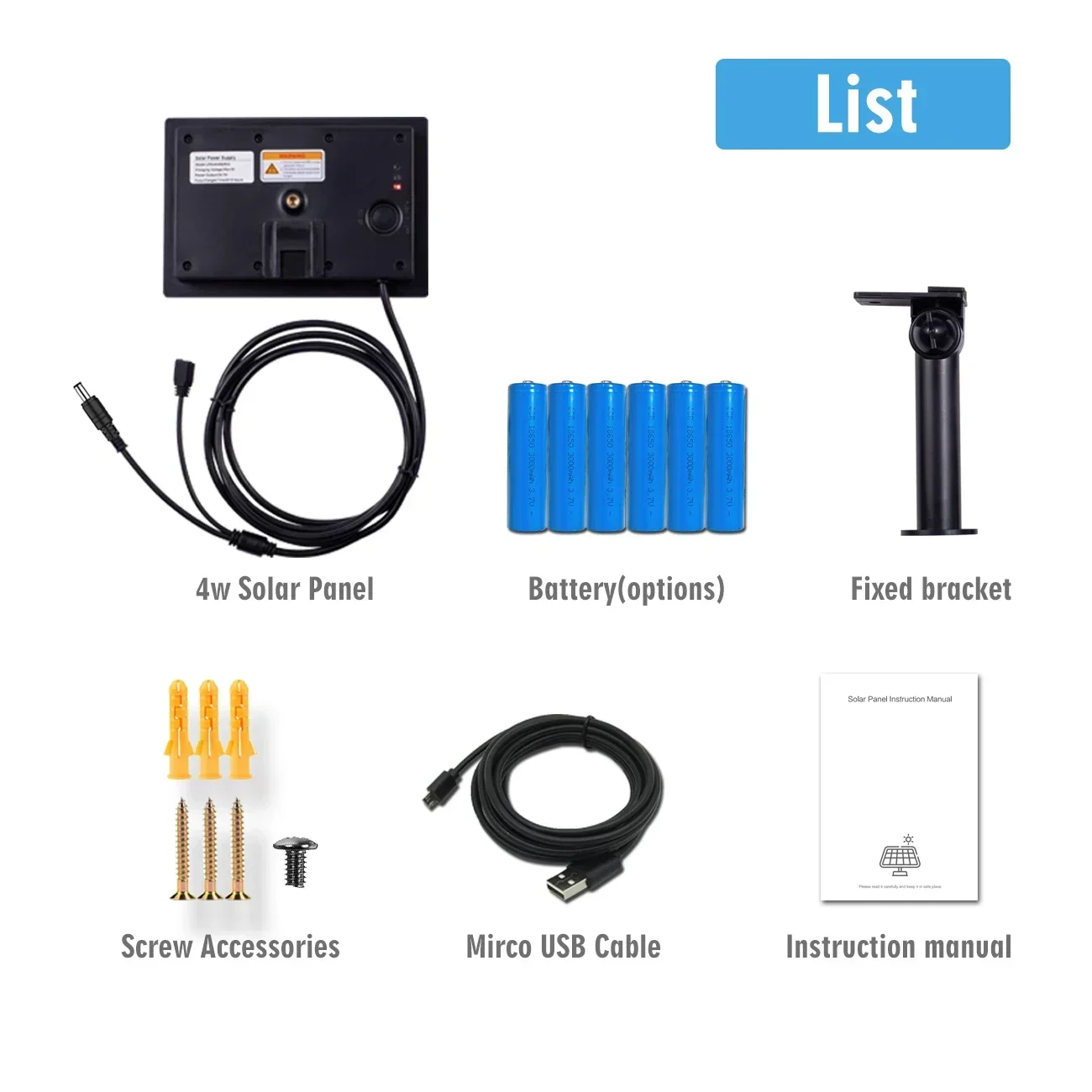 4W Waterproof Solar Panel 3 In 1 DC/Micro Output 5V Solar Cells Charge Built-in 18650 Battery for Outdoor Security IP Camera solar panel mounting set
