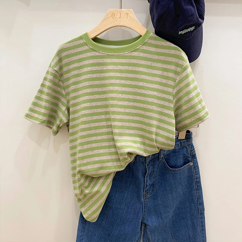 Summer Short Sleeve Striped T-Shirts Versatile Women Knitted Basic Casual Tops Female Cozy Loose Cotton Tees 2023 Harajuku Shirt