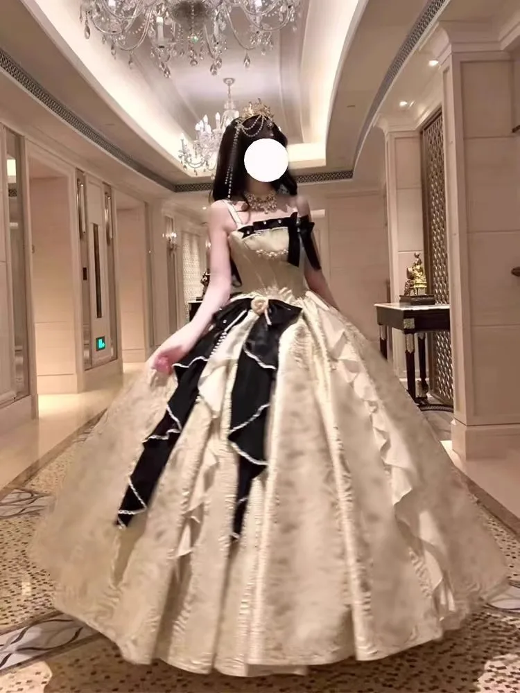 Princess Style Long Evening Gown for Women High Waist Floral Detail No Sleeve Adult Ceremony Student Day Party KTV Wedding Co...