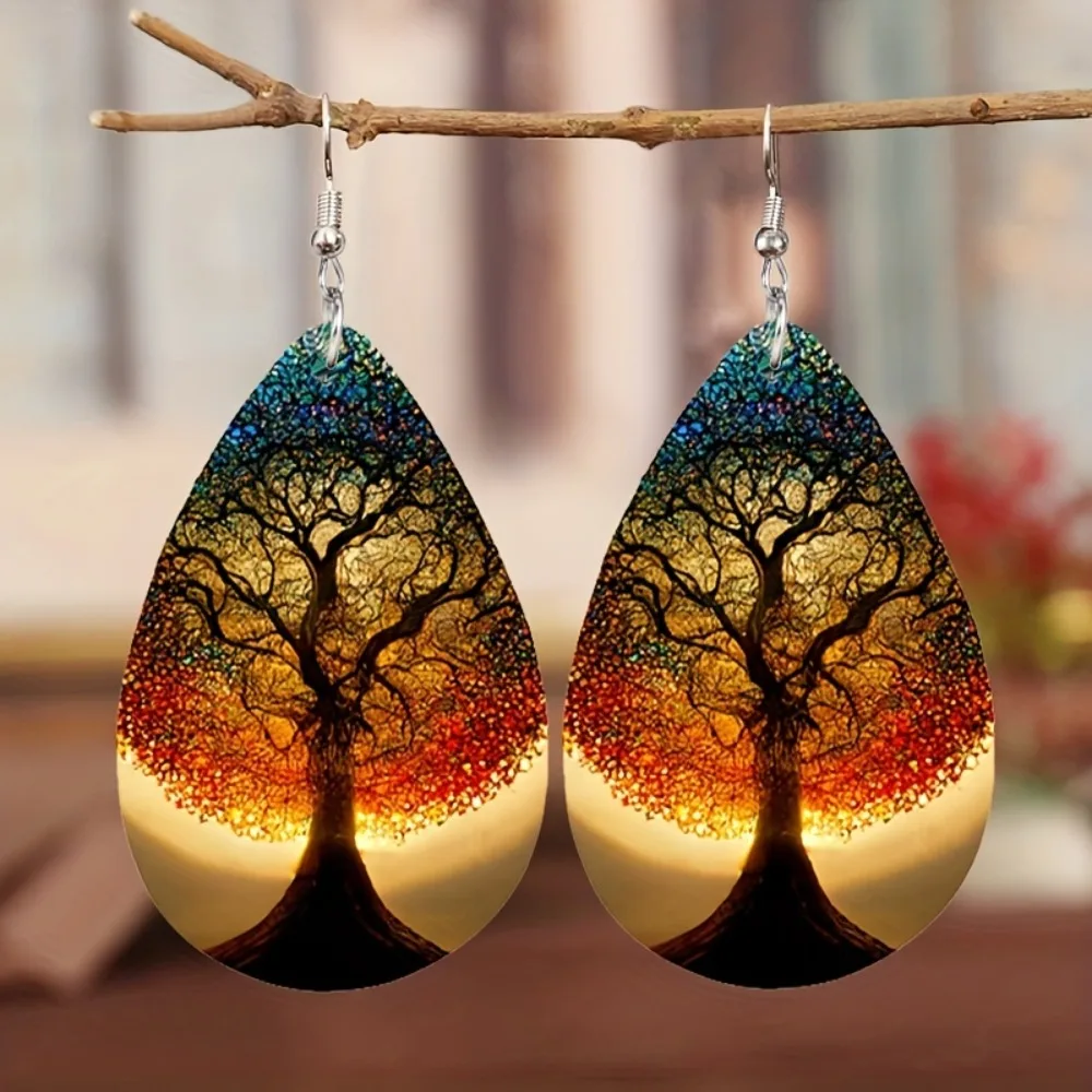 

Bohemian Style Tree of Life Teardrop Dangle Earrings - Exquisite PU Leather Jewelry for Women and Girls Boho
