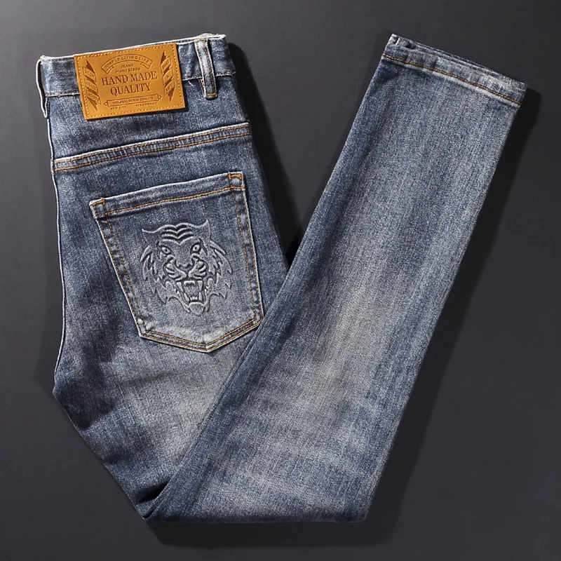 High Street Fashion Men's Jeans Vintage Blue Elastic Tight Designer Bicycle Jeans Designer Hip Hop Pants Homebre