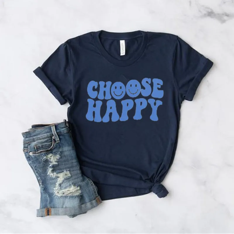 

Choose Happy Shirt Smile Face TShirt Funny Graphic Women Casual Cotton Round Neck Female Girl Streetwear Short Sleeve Top Tees