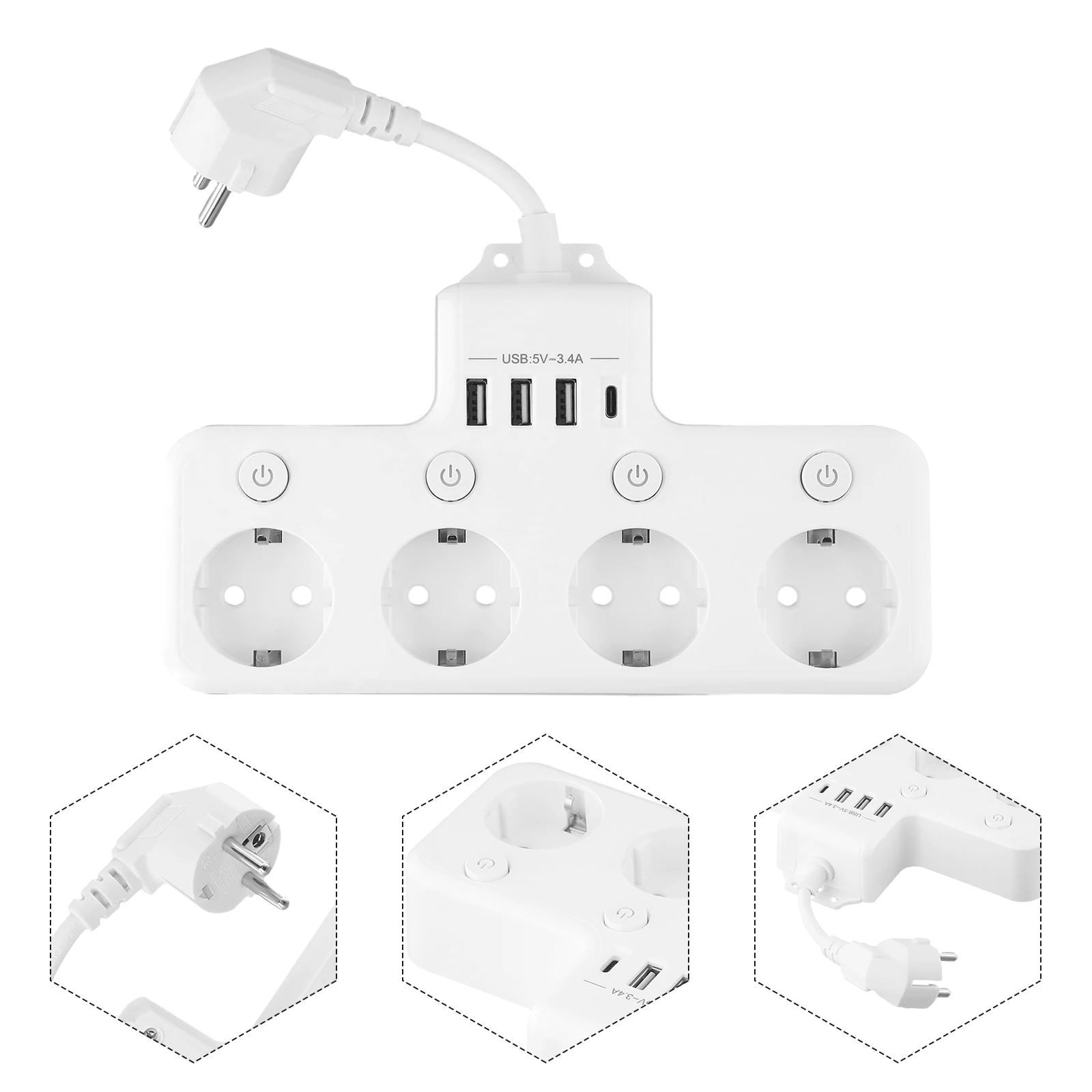 

16A 4000W EU Plug Power Strip 4-Way USB Port Electrical Socket Power Strip Individually Switchable Home Adapter Surge-Protector
