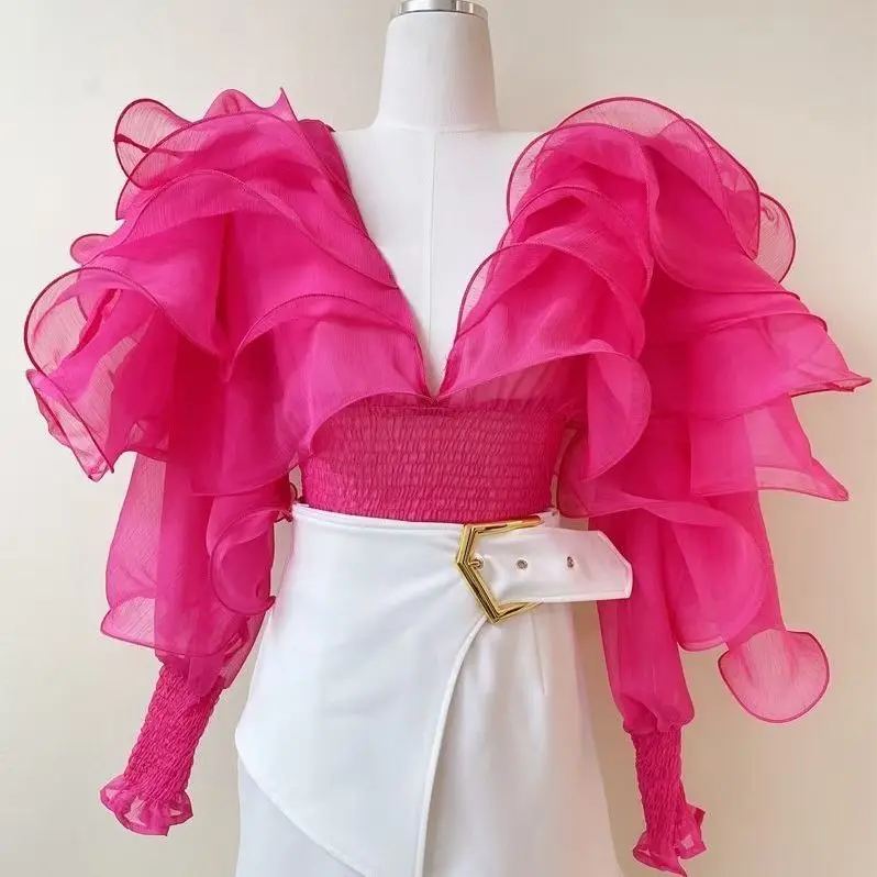 New-Women-s-Spring-Sexy-V-Neck-Layered-Ruffled-Chiffon-Shirt-Tops ...
