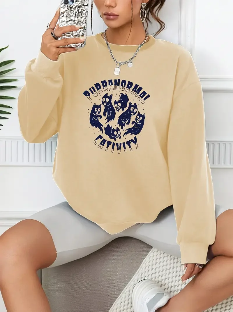 Ghost Cat Print Casual Loose Fashion Long-Sleeved Pullover Solid Color Women's Swearshirts