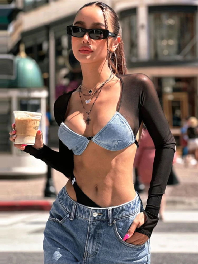 

YUZHEXI джинсовая сетчатая Лоскутная привлекательная футболка с длинным рукавом, Летняя короткая футболка с открытой спиной, мода 2000s