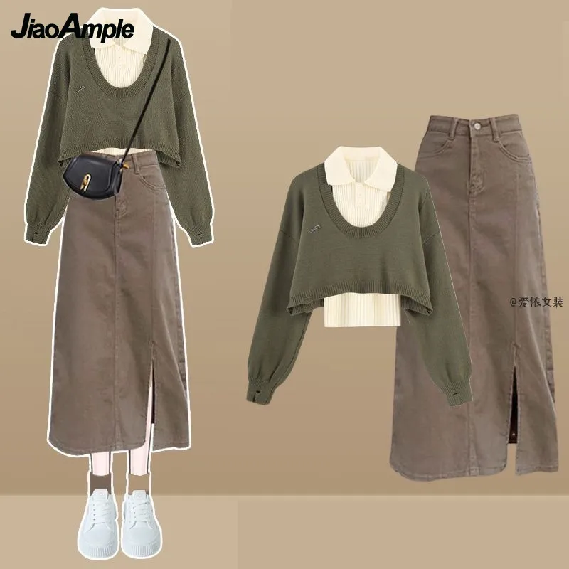 Women Spring Autumn New Vintage Knit Sweater+Vest+Denim Midi Skirt 3-piece Suit 2025 Korean Elegant Pullover Dress Matching Set 3