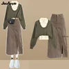 Women Spring Autumn New Vintage Knit Sweater+Vest+Denim Midi Skirt 3-piece Suit 2025 Korean Elegant Pullover Dress Matching Set 3