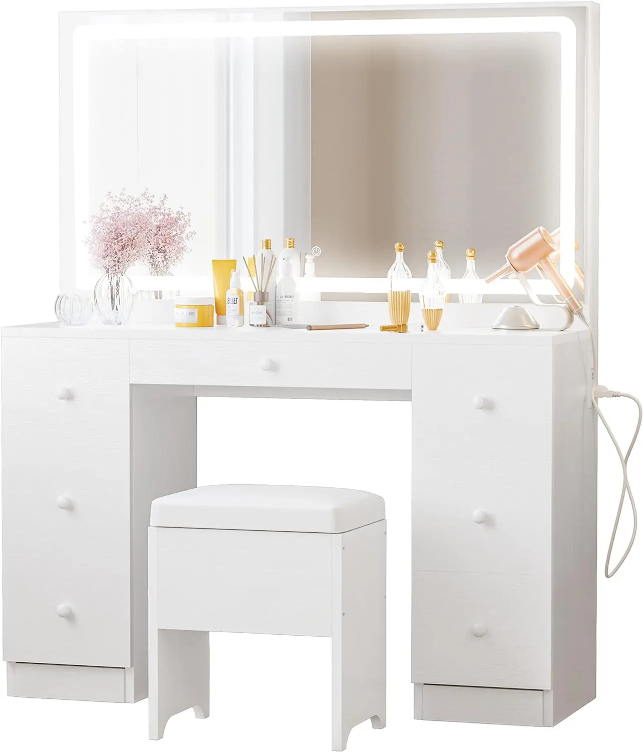 

IRONCK Vanity Desk Set with LED Lighted Mirror & Power Outlet, 7 Drawers Makeup Vanities Dressing Table with Stool, for Bedroom,