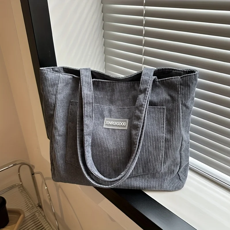 Women Corduroy Shoulder Tote Bag, Casual Large Capacity Handbag for Going Out Machine Washable with Fixed Strap Polyester Lining