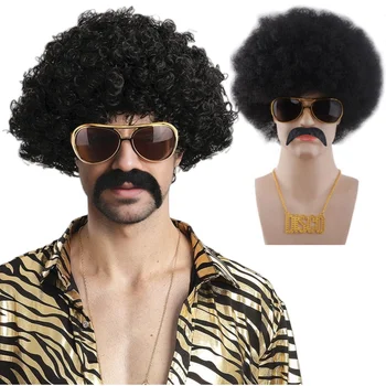 Halloween Party Hip Hop Disco Costume Funky Afro Wig Sunglasses Mustache Stick Letter Peace Sign Necklace for 90s Theme Party
