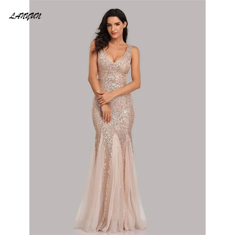 Plus Size V Neck Mermaid Dress Long Formal Prom Party Gown Sequins Sleeveless Robe Soriee Sexy Evening Vestido De Banquet pink v neck draped sweep train evening dress 2023 plus size chiffon prom party gowns sexy robe de soiree