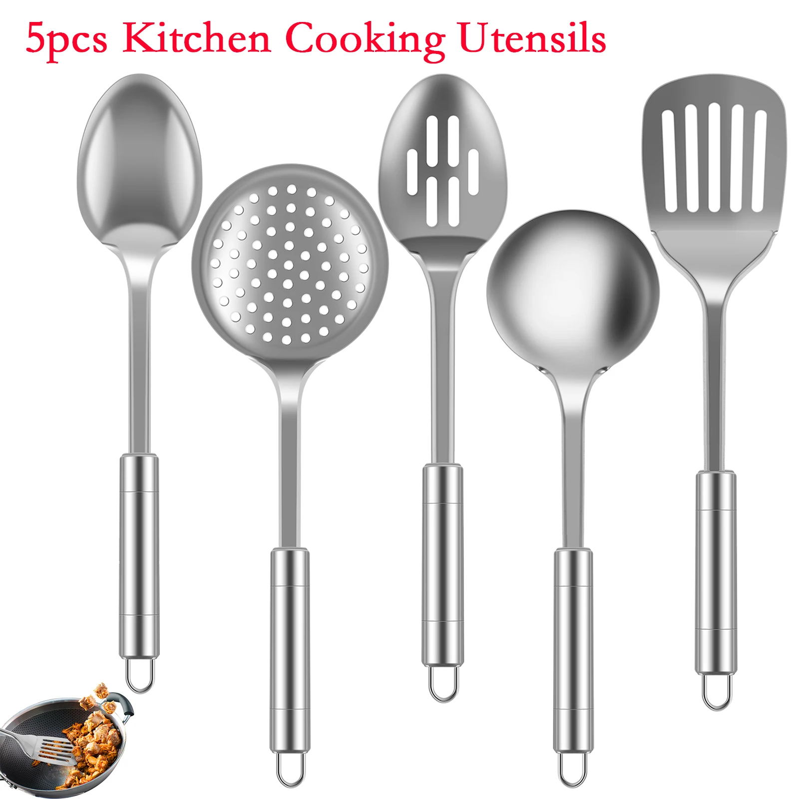 5Pcs Stainless Steel Reusable Spoons Spatula Set with Ergonomic Handle Heavy -Duty Washable Spoons Utensils with Hanging Hole - AliExpress