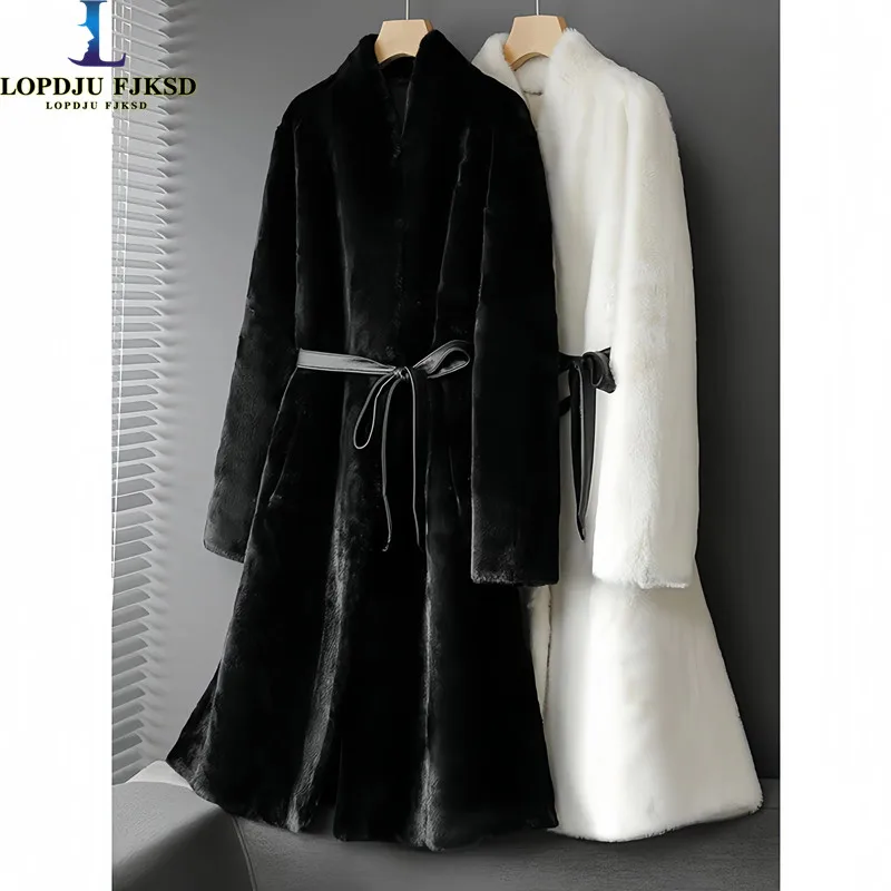 

Faux Mink Fur Coat for Women,Suede Lining Long Jacket, Thick Warm Clothes,Lace-up,V-Neck, High Quality, Autumn and Winter, 2023
