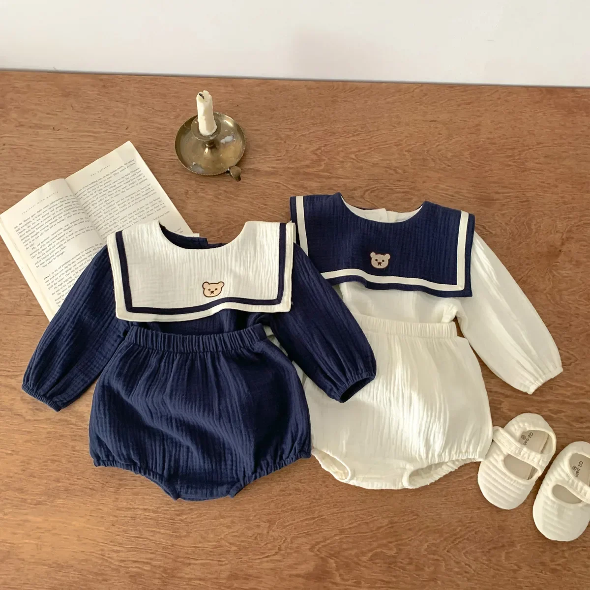New In Autumn Kids Baby Girls Full Sleeve Naval Leader Bear Top T-shirts+solid Shorts Toddler Infant Cotton Clothing Set 2pcs 2