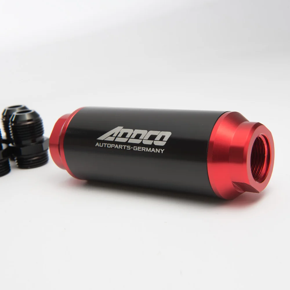 Hi-Flow performance fuel filter 40 Micron ADF09901 Black & Red w AN10 AN8 AN6 Adapter
