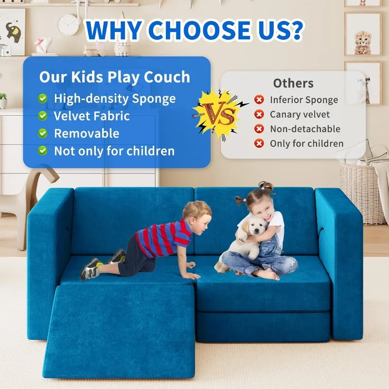 10PCS Modular Kids Play Couch 10 in 1 Toddler Couch for Playing, Creativing Sleeping, Indoor Kids Sofa for Boys and Girls (Blue) 5