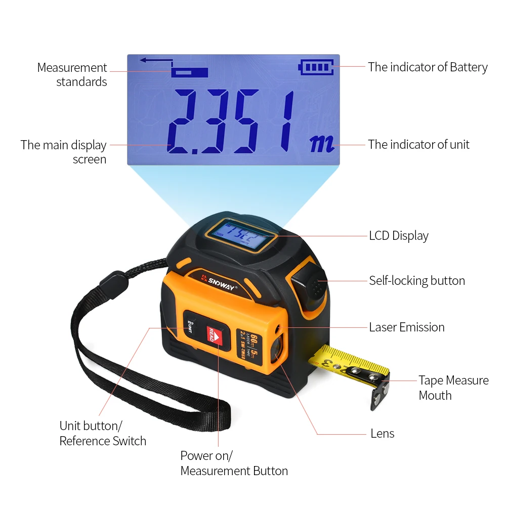 SNDWAY Digital Laser Distance Meter Rangefinder Handheld Infrared Range Finder 2 in 1 5m Measuring Tape 60m Laser Ruler measure
