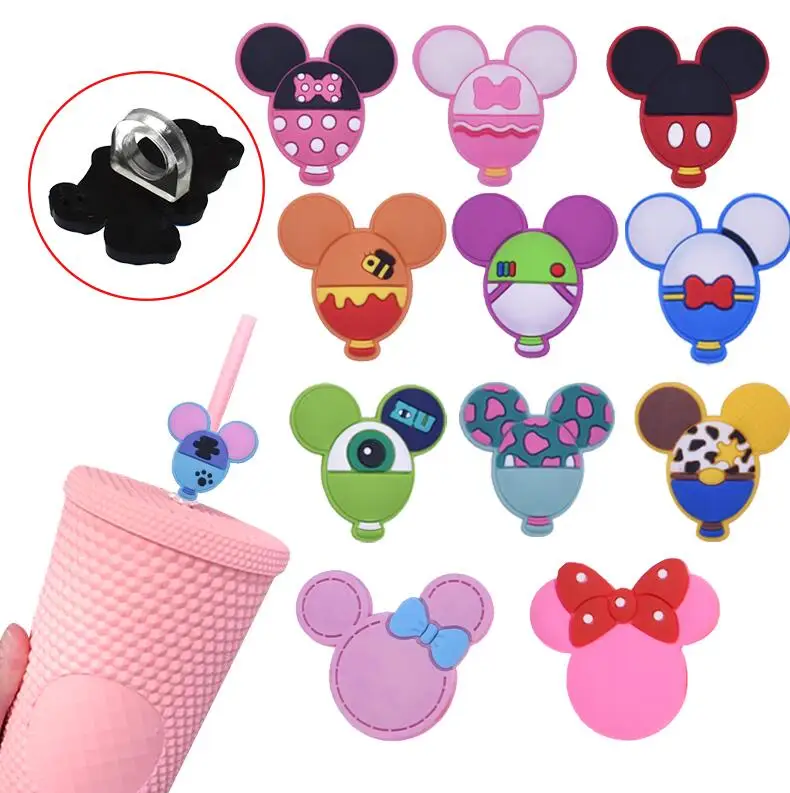 5Pcs Disney Mickey Stitch Straw Covers Cap Topper Silicone