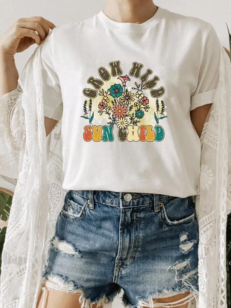 

Women Flower Floral Cute Sweet Summer Clothes Clothing Print T Shirt Fashion O-neck Short Sleeve Graphic T-shirt Tee Top