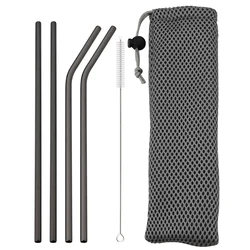 Premium Reusable Stainless Steel Straw Set with Cleaning Brush - 4 - Piece Straight & Bent Straws (Black)