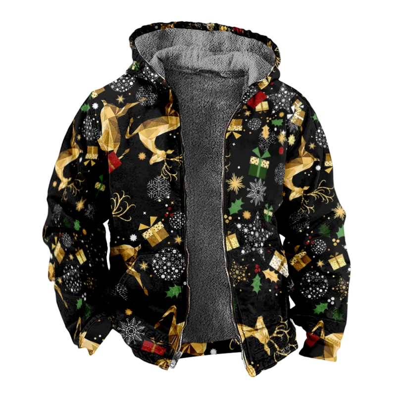 New Creative Cotton Coat Hooded Sweater Casual Print Men's Fur Loop Arctic Velvet Zipper Patch Pocket Hooded Sweater a12