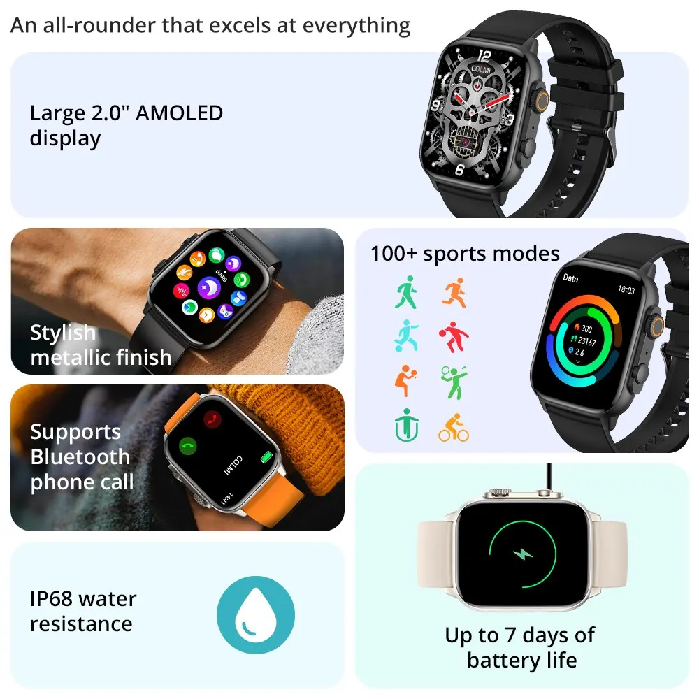 COLMI C81 2.0 hüvelykes AMOLED smartwatch Alatámaszt AOD 100 sportok modes IP68 Vízhatlan esőköpény smare nézni férfiak Nők PC Ultra Széria 8