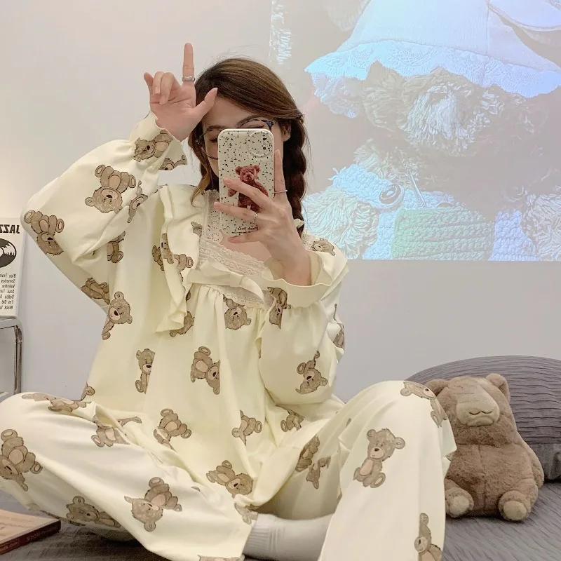 Princess Style Pajamas Outfit Women's Spring Autumn Long Sleeved Nighty Japanese Cartoon Two-piece Sleepwear Set Girls Home Wear