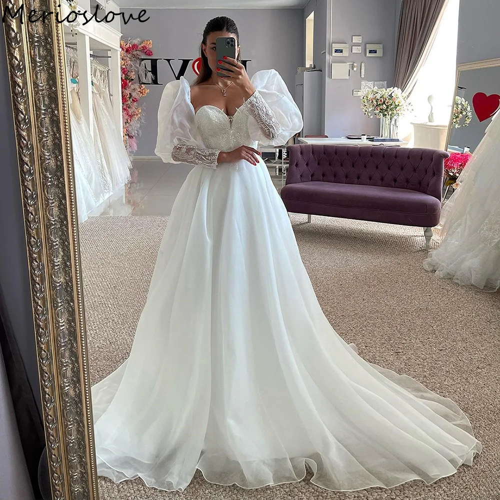 

Merioslove Vestido De Noiva Appliques Beadings Wedding Dresses Puff Sleeves Sweetheart A-Line Princess Beach Wedding Gowns
