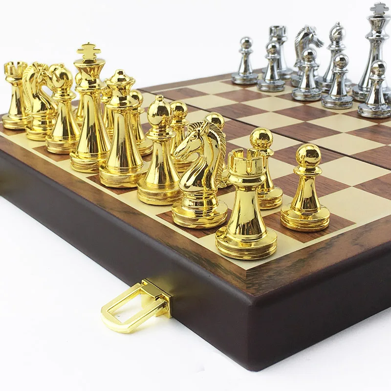 

Kirsite Metal Chess Set Portable Game of International Chess Wooden Folding Chessboard King Height 67mm Chess Table Game