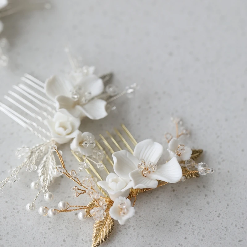 Delicate Wedding Small Comb Bridal Hair Pin Ceramic Floral Girls Headpiece Gold Silver Color Women Accessories